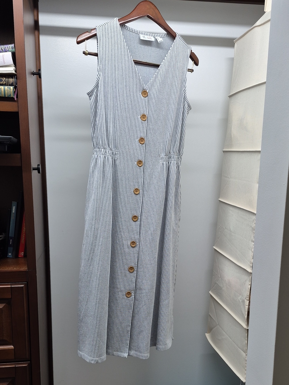 Button-Front Blue and White Striped Maxi Dress